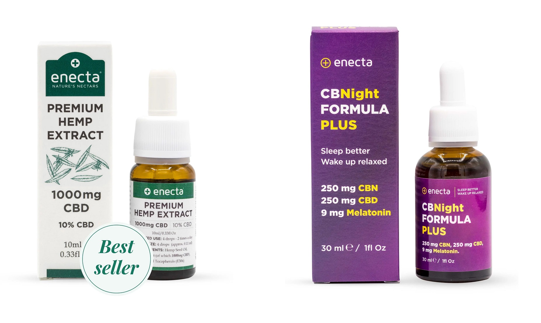 ENECTA CBD olej (vľavo) s 10 % koncentráciou vrátane CBD kvapiek CBNight FORMULA s CBN (vpravo)